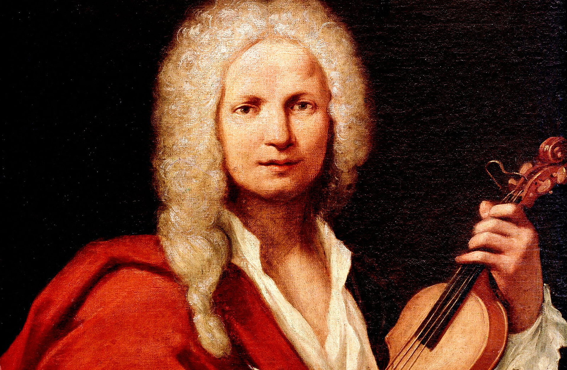 Oljemålning av Antonio Vivaldi i grå peruk och där han håller i en fiol.