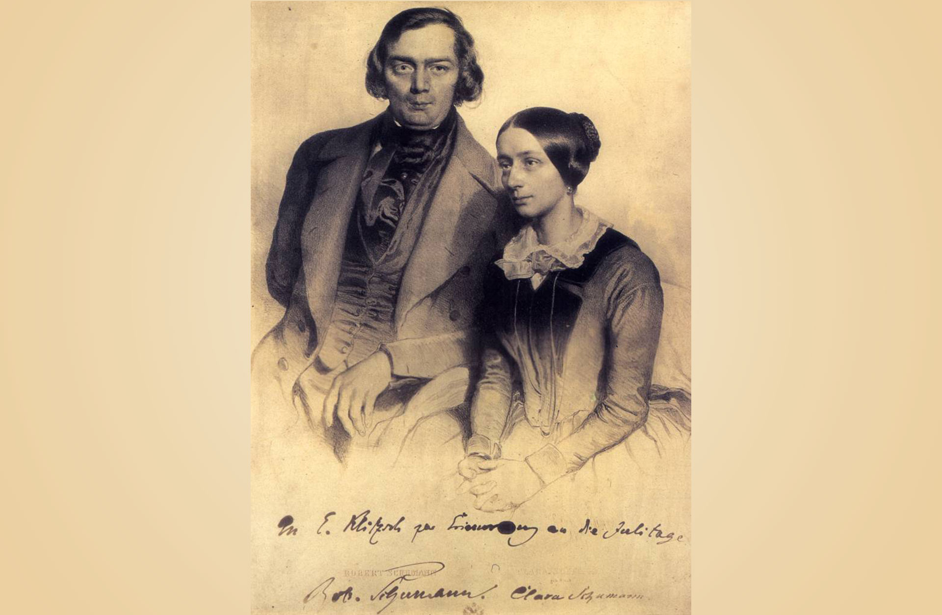 Svartvitt fotografi av makarna Robert och Clara Schumann.